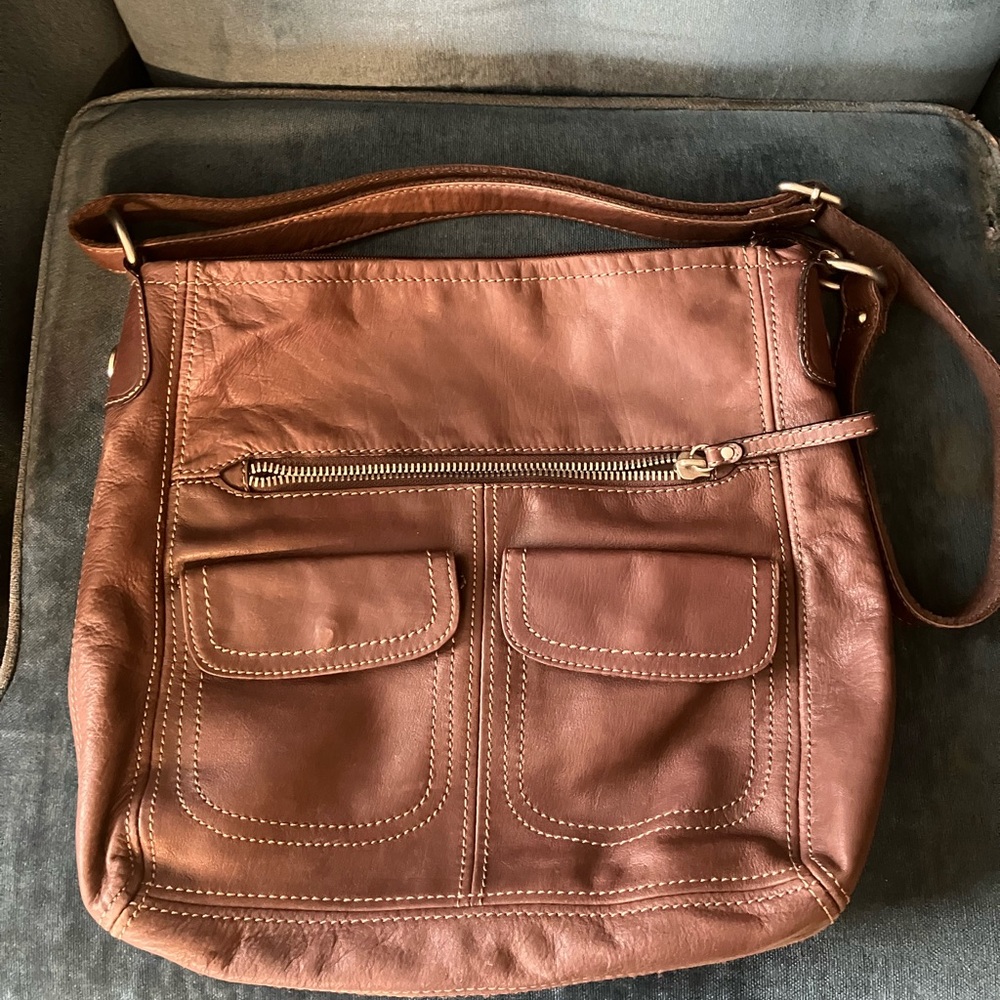 Fossil Large Purse Brown Leather Two flap Pocket Front Bag 127094